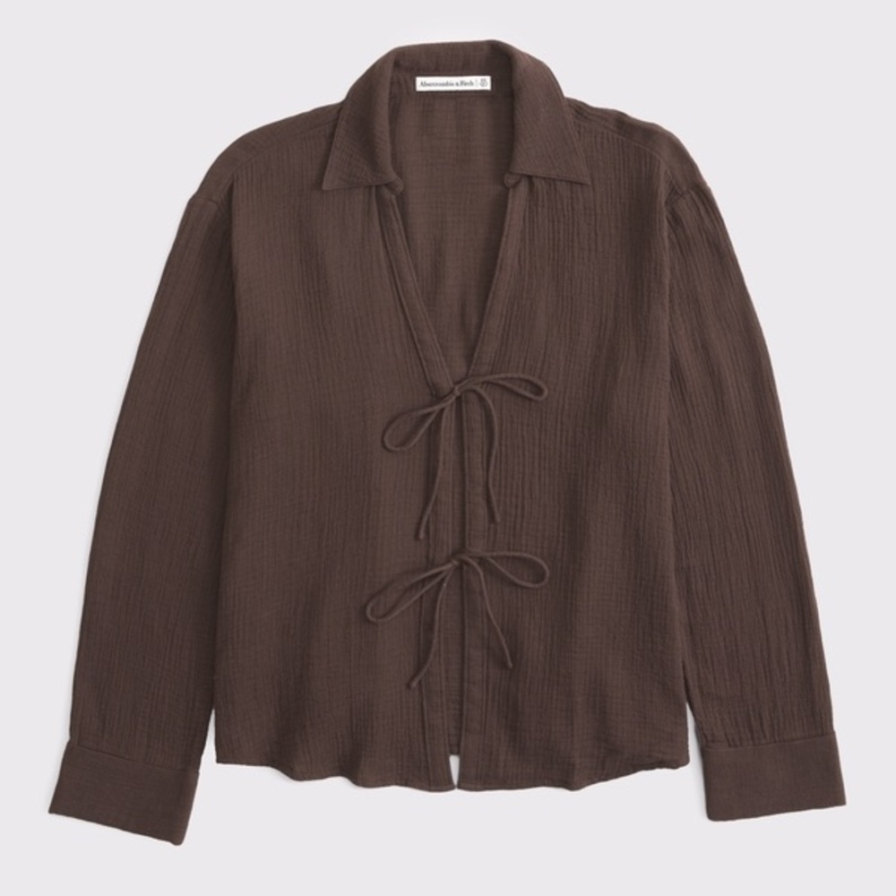 Abercrombie & Fitch Oversized Gauze Tie Front Shirt Brown Long Sleeve Top Size L - Picture 8 of 8